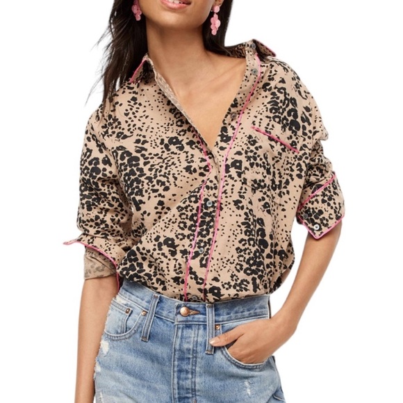 J. Crew Tops - J. Crew Linen Leopard Print Button Down with Pink Contrast Piping